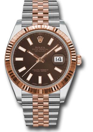 Replica Rolex Steel and Everose Rolesor Datejust 41 Watch 126331 Fluted Bezel Chocolate Index Dial Jubilee Bracelet